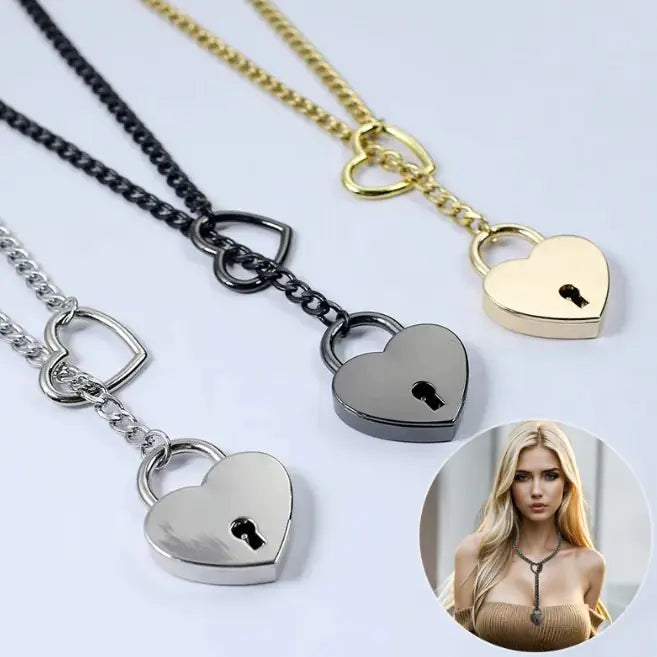 Adjustable Heart O-Ring Punk Rock Cuban Chain Necklace – Lariat Y-Style Necklace with Key & Heart Lock Pendant