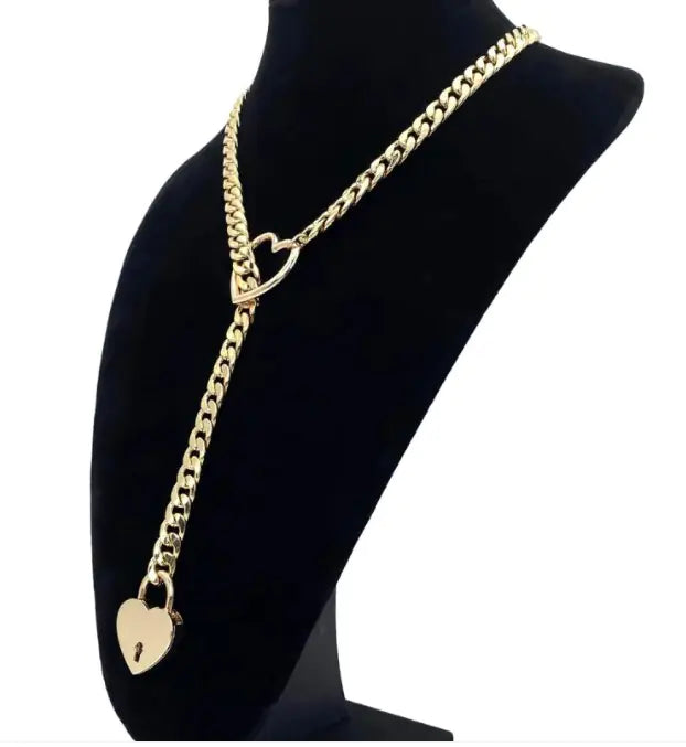 Adjustable Heart O-Ring Punk Rock Cuban Chain Necklace – Lariat Y-Style Necklace with Key & Heart Lock Pendant