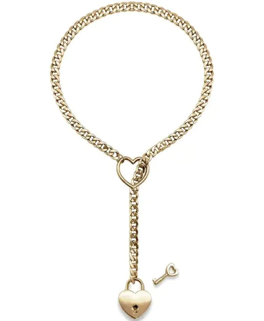 Adjustable Heart O-Ring Punk Rock Cuban Chain Necklace – Lariat Y-Style Necklace with Key & Heart Lock Pendant