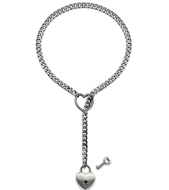 Adjustable Heart O-Ring Punk Rock Cuban Chain Necklace – Lariat Y-Style Necklace with Key & Heart Lock Pendant