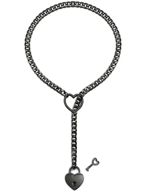 Adjustable Heart O-Ring Punk Rock Cuban Chain Necklace – Lariat Y-Style Necklace with Key & Heart Lock Pendant