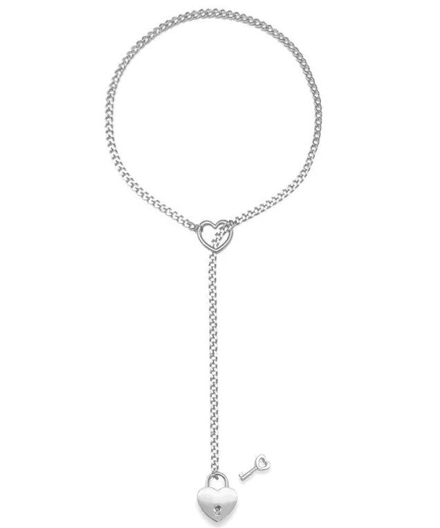 Adjustable Heart O-Ring Punk Rock Cuban Chain Necklace – Lariat Y-Style Necklace with Key & Heart Lock Pendant